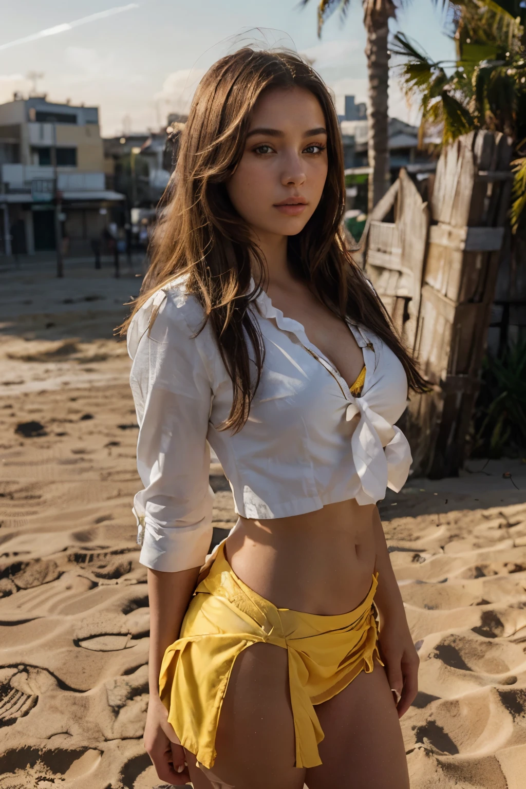 1 girl, intricate details, at the beach, masterpiece, best quality, extremely detailed,cinematic lighting, beautiful detailed glow, finely detailed beautiful face and eyes, 8k, dark intense shadows, yellow eyes, medium length hair, dark hair, bangs, floating hair, black jacket, open jacket, white shirt, expressionless, yellow tie, black skirt, spotlight, sunshine, sunrise, sky background, city, lens flare, cowboy shot, [[curvy]], [mature woman], portrait Sophie Mudd, thick neck, 19 year old female model, Latin American, angelawhite, violet myers, 22 years old, 21 years old, profile picture, Italian, Italian Latin American, Alycia Debnam-Carey, hazel eyes,
