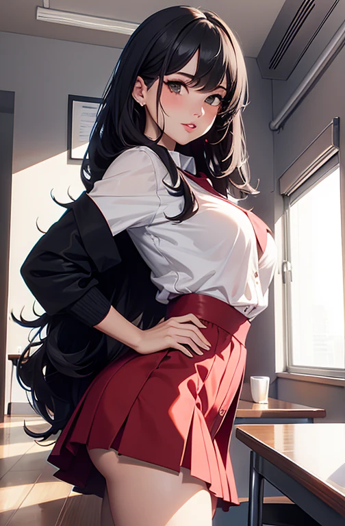 masterpiece, best quality, best lighting, shadows, perfect anatomy, 1 girl, adult anime girl, 21 years old, mature features, showing tits, bitchy face, pretty lips, pretty eyes, black wavy hair, black eyes, seductive eyes, blushing, flirty, pretty smile, tiny red skirt, white tight shirt, classroom background, ass, breast, thighs, seductive, spicy, hot, flirty, nsfw,