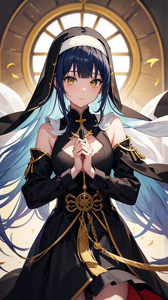 Stained glass、Written boundary depth、The focus is clear、Light of the sun、Good composition、(bokeh:1.2) girl２People kissing、(Half Body)、(Mouth closed)、Beautiful details、stop temporarily(have a knife)、Waistline、(((Black ceremonial clothing)))、Messy Hair、Long hair fluttering in the wind、Hello、((Blunt bangs))、Blue Hair、Yellow Eyes、((Long Hair))、Mid-chest、younger sister、Nuns、knife、scimitar、Crescent Blade、Face Veil、Fight、