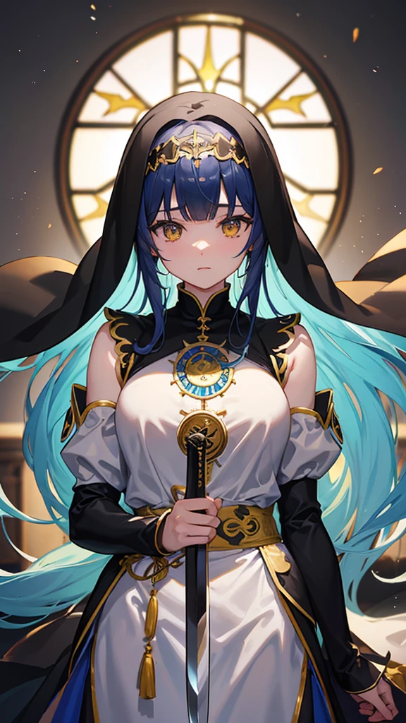 Stained glass、Written boundary depth、The focus is clear、Light of the sun、Good composition、(bokeh:1.2) girl2People kissing、(Half Body)、(Mouth closed)、Beautiful details、stop temporarily(have a knife)、Waistline、(((Black ceremonial clothing)))、Messy Hair、Long hair fluttering in the wind、Hello、((Blunt bangs))、Blue Hair、Yellow Eyes、((Long Hair))、Mid-chest、younger sister、Nuns、knife、scimitar、Crescent Blade、Face Veil、Fight、