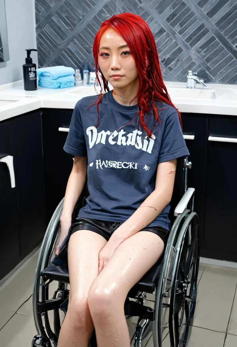 Uhd, photo of Cami, subject: Noriko, 1/2 Japanese 1/2 Hainu skinny girl in 2/00 a large wheelchair with ((wet long red hair and head resting on a Hairdressing Sink)), shampoo foam on hair, blue+++ eyes, oval face, LGBTQIA+, queer, punk style, wearing grey tracksuit treasures and black t-shirt, tattooes. Background: black walls of hairdressers' studio.