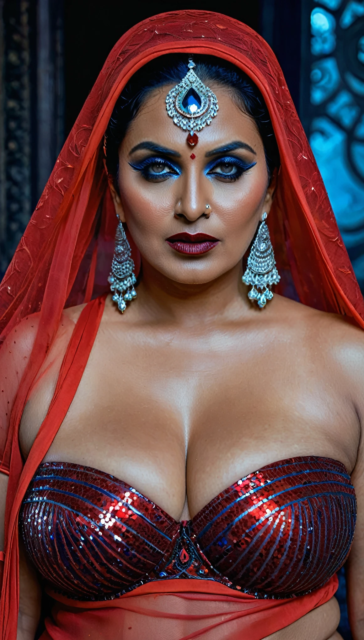 Looks like Roopa Ganguly, full body Closeup shot, Big chubby aunty, milf, cougar lady witch, horny Gothic milf, 70 years old gorgeous mature lady, pervert demoness, demoness of lust, curvy, black lips, horny face, extremely gorgeous, thick figure, heavy physique, voluptuous, curvy, sexy figure, Fashionable portrait of androgynous alien looking witch wearing veil, glowing eyes, futuristic design, minimal details, givenchy, photoreal, 200mm, hd, f/ 2.0, highly detailed, surreal, sexy beautiful evil woman, sexy bold sequin Saree with strapless Bra, chudail, Pishachini, horror genre, blood-thirsty enchantress, powerful female spirit, eerie, drop dead, in the style of red and blue, (intricate details, hyperdetailed:1.15) (skin texture:1.2), dark Moody tone, cinematic lighting, haunted place in background,