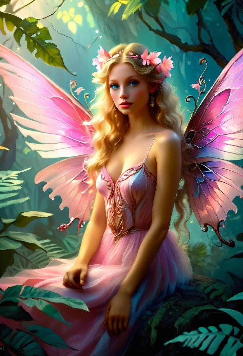 a picture of a jungle fairy, an extraordinary beautiful, elegant beauty, divine beautiful fairy, spread butterfly wings, colorful wings, pink eyes, glowing eyes, blond hair, rich hair, wavy hair, glamour dress, wild dress, dress decorated with jungle flowers,  sitting on massive heliconia tree the rain forest, sun rays coming through the trees, Hyperrealism style, vibrant, Ultra-high resolution, High Contrast, (masterpiece:1.5), highest quality, Best aesthetics), best details, best quality, highres, ultra wide angle, 16k, [ultra detailed], masterpiece, best quality, (extremely detailed) RAW, Cinematic Hollywood Film style, FairyTaleAI, fairy wings,