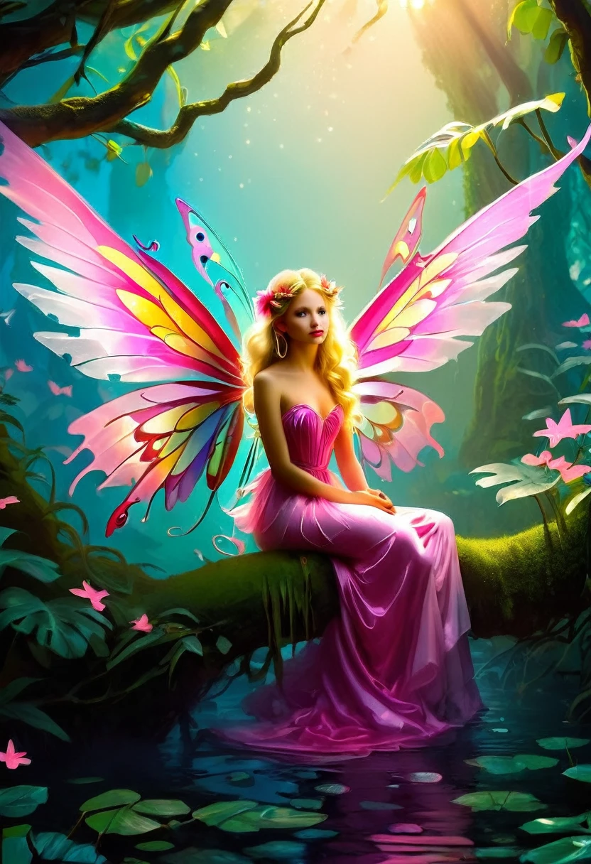 a picture of a jungle fairy, an extraordinary beautiful, elegant beauty, divine beautiful fairy, spread butterfly wings, colorful wings, pink eyes, glowing eyes, blond hair, rich hair, wavy hair, glamour dress, wild dress, dress decorated with jungle flowers,  sitting on massive heliconia tree the rain forest, sun rays coming through the trees, Hyperrealism style, vibrant, Ultra-high resolution, High Contrast, (masterpiece:1.5), highest quality, Best aesthetics), best details, best quality, highres, ultra wide angle, 16k, [ultra detailed], masterpiece, best quality, (extremely detailed) RAW, Cinematic Hollywood Film style, FairyTaleAI, fairy wings,