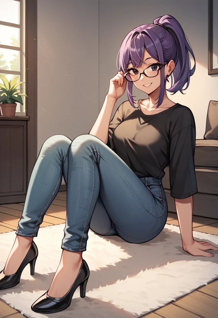 score_9, score_8_up, score_7_up, score_6_up, score_5_up, score_4_up, source_anime, 1girl, sit, smile, glasses, purple hair, ponytail, black eyes, clean hair, black shirt, jeans, black high heels, room, floor, carpet, best quality, best res, 4K UHD,
 