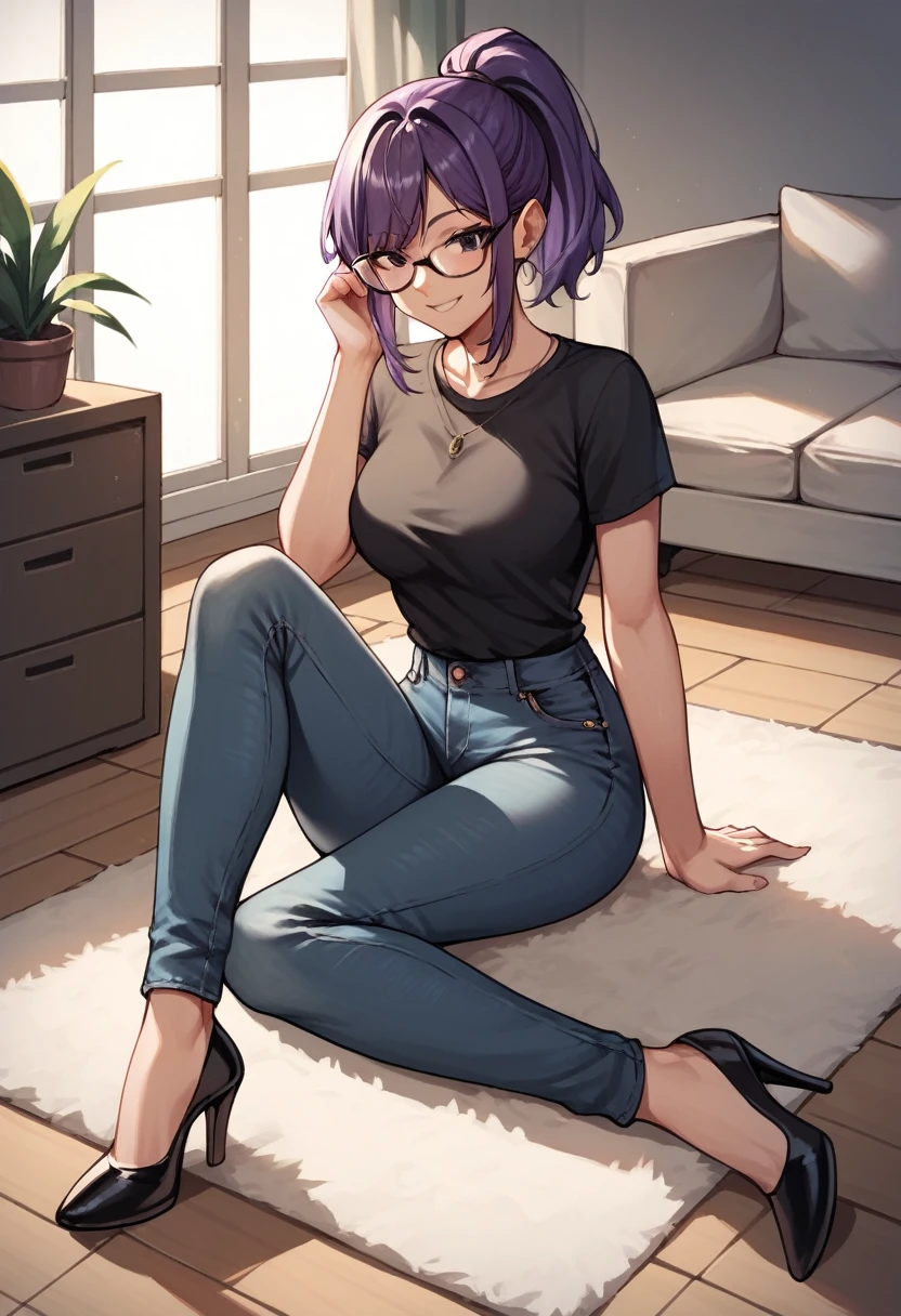 score_9, score_8_up, score_7_up, score_6_up, score_5_up, score_4_up, source_anime, 1girl, sit, smile, glasses, purple hair, ponytail, black eyes, clean hair, black shirt, jeans, black high heels, room, floor, carpet, best quality, best res, 4K UHD,