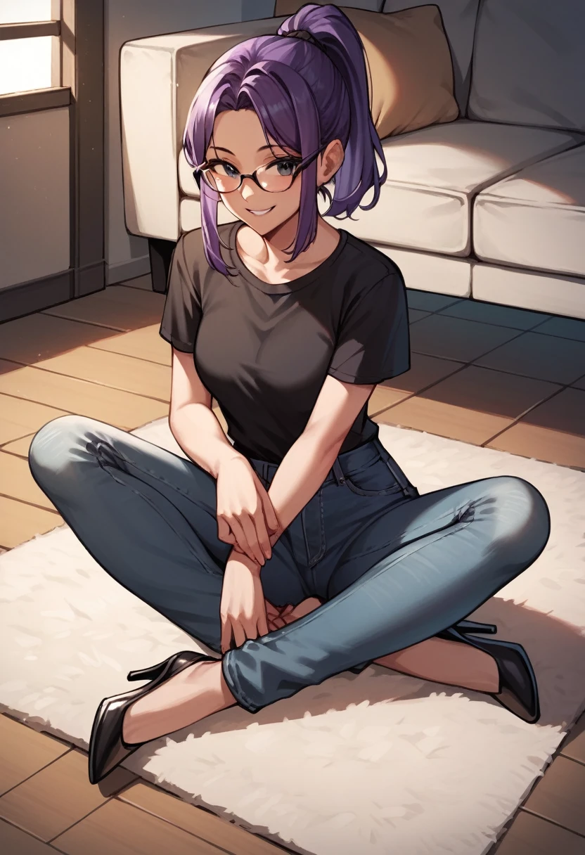 score_9, score_8_up, score_7_up, score_6_up, score_5_up, score_4_up, source_anime, 1girl, sit, smile, glasses, purple hair, ponytail, black eyes, clean hair, black shirt, jeans, black high heels, room, floor, carpet, best quality, best res, 4K UHD,