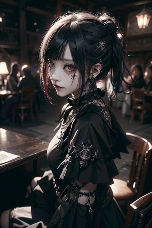 (Photorealistic:1.4, Tabletop:1..3, 8k), (masterpiece, Ultra-high resolution, Highest quality、8k、masterpiece:1.3)、Gothic Punk、Full Body Shot、(Red Eyes)、The inside color is red、Black-haired、hair ornaments、Beautiful girl、creative、Dark Fantasy Style、Neogoth、Goth Fashion:1.2、The background is the library、((Highly detailed skin and facial textures:1.3, Ultra detailed face, Detailed arms, Beautiful attention to detail)),Mr.々poses shooting photos