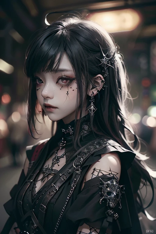(Photorealistic:1.4, Tabletop:1..3, 8k), （masterpiece, Ultra-high resolution, Highest quality、8k、masterpiece：1.3）、Gothic Punk、Full Body Shot、（Red Eyes）、The inside color is red、Black-haired、hair ornaments、Beautiful girl、creative、Dark Fantasy Style、Neogoth、Goth Fashion：1.2、The background is the library、((Highly detailed skin and facial textures:1.3, Ultra detailed face, Detailed arms, Beautiful attention to detail)),Mr.々poses shooting photos