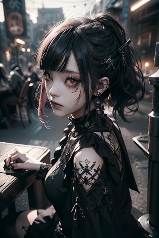 (Photorealistic:1.4, Tabletop:1..3, 8k), (masterpiece, Ultra-high resolution, Highest quality、8k、masterpiece:1.3)、Gothic Punk、Full Body Shot、(Red Eyes)、The inside color is red、Black-haired、hair ornaments、Beautiful girl、creative、Dark Fantasy Style、Neogoth、Goth Fashion:1.2、The background is the library、((Highly detailed skin and facial textures:1.3, Ultra detailed face, Detailed arms, Beautiful attention to detail)),Mr.々poses shooting photos
