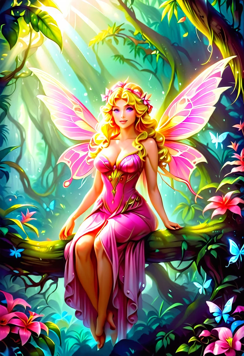 a picture of a jungle fairy, an extraordinary beautiful, elegant beauty, divine beautiful fairy, spread butterfly wings, colorful wings, pink eyes, glowing eyes, blond hair, rich hair, wavy hair, glamour dress, wild dress, dress decorated with jungle flowers,  sitting on massive heliconia tree the rain forest, sun rays coming through the trees, Hyperrealism style, vibrant, Ultra-high resolution, High Contrast, (masterpiece:1.5), highest quality, Best aesthetics), best details, best quality, highres, ultra wide angle, 16k, [ultra detailed], masterpiece, best quality, (extremely detailed) RAW, Cinematic Hollywood Film style, FairyTaleAI, fairy wings,
