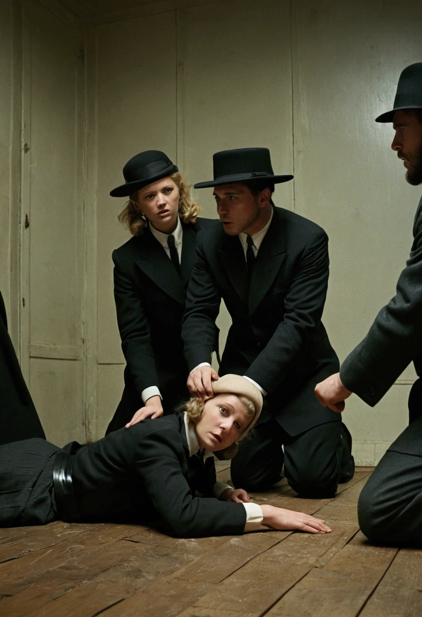 recreate inglorious bastards interrogation scene but the SS soldier is Hasidic, and the people under the floor boards are Swedish. Divide the scene to show the Swedish girls under the floorboards of the room and the interrogation above
