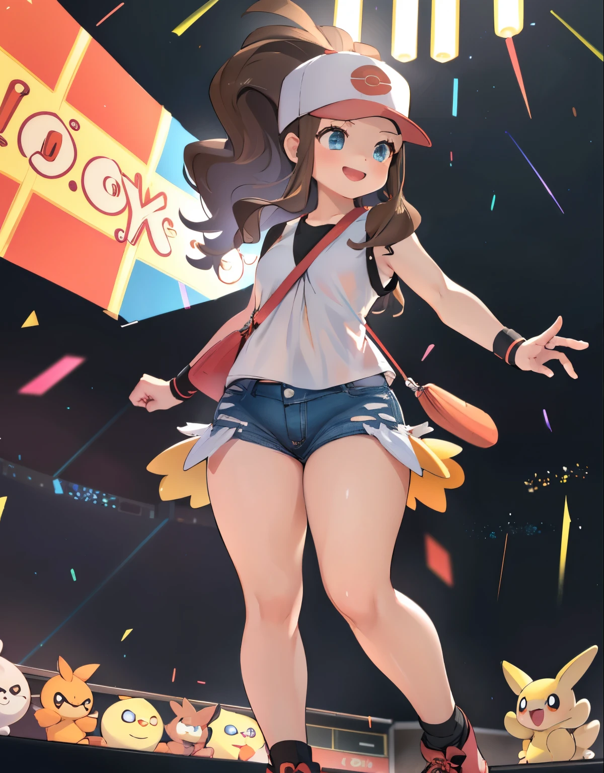 (best quality,4k,8k,highres,masterpiece:1.2), ultra-detailed, realistic:1.37, HDR, studio lighting, vivid colors, hilda pokemon, def1, full body, curvy girl, from below, look up to, smile, loved gaze, happy, visible thighs, chubby thighs, thighs in the foreground, in a stadium