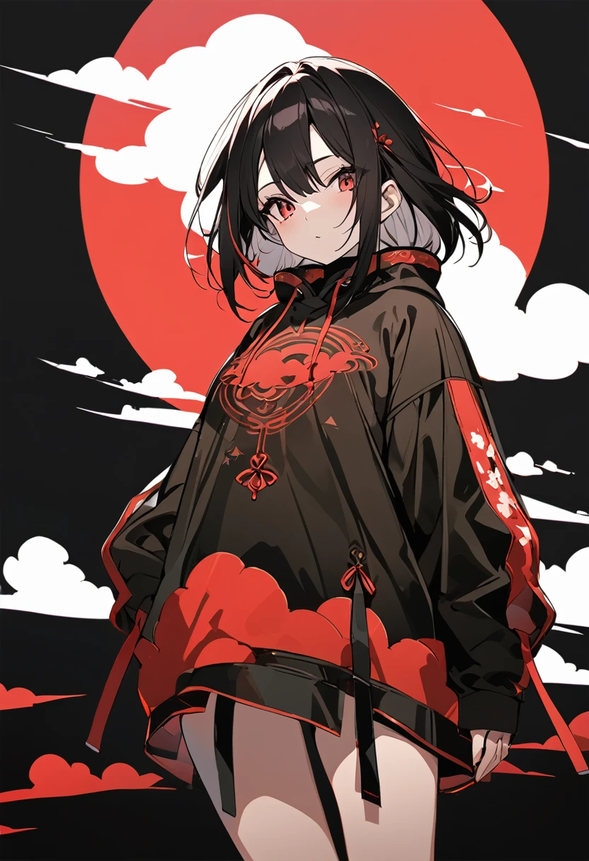 Red Cloud,Girl with red cloud motif,sexy,Accentuated body lines,Pitch black background,Ultra see-through Japanese style hoodie,(A body line where clothes are visible),See-through inner,Angle from below,