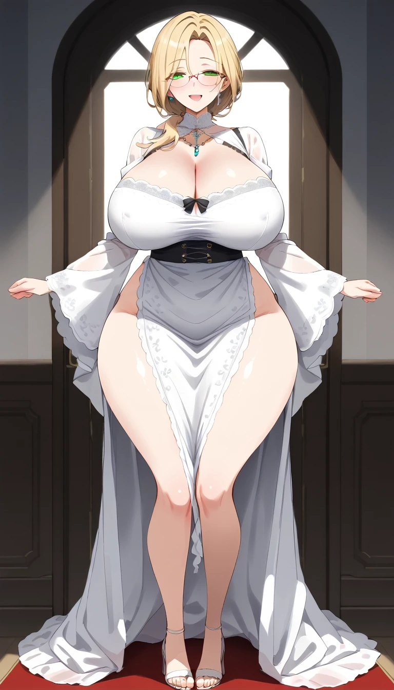 (POV from waist height), (Best quality: 1.5), (masterpiece: 1.5), (2.5D), (good definition), (detailed face), (well-drawn face), (vivid colors), (1 character), (exaggerated proportions), (hentai), (perfect anatomy), (character in the center), (absurd), (4k wallpaper), (detailed eyes), (perfect hands), (perfect fingers ), (beautiful skin), (glowing skin), (perfect shadows), (perfect lighting), (full body), (beautiful eyes), (masterpiece), (voluptuous body), (pretty face), adult woman , Seductive MILF, Face of mature MILF, mature woman, blonde hair with low and slightly disheveled ponytail, green eyes, wears glasses, wears a knee-length dress with long lace sleeves fitted at the waist and moderate V-neckline, cheerful expression and excited, huge breasts, huge thighs, huge butt, voluptuous body, good proportions, she is standing at the entrance to her house opening the door