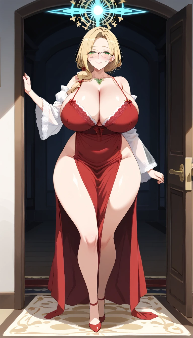(POV from waist height), (Best quality: 1.5), (masterpiece: 1.5), (2.5D), (good definition), (detailed face), (well-drawn face), (vivid colors), (1 character), (exaggerated proportions), (hentai), (perfect anatomy), (character in the center), (absurd), (4k wallpaper), (detailed eyes), (perfect hands), (perfect fingers ), (beautiful skin), (glowing skin), (perfect shadows), (perfect lighting), (full body), (beautiful eyes), (masterpiece), (voluptuous body), (pretty face), adult woman , Seductive MILF, Face of mature MILF, mature woman, blonde hair with low and slightly disheveled ponytail, green eyes, wears glasses, wears a knee-length dress with long lace sleeves fitted at the waist and moderate V-neckline, cheerful expression and excited, huge breasts, huge thighs, huge butt, voluptuous body, good proportions, she is standing at the entrance to her house opening the door