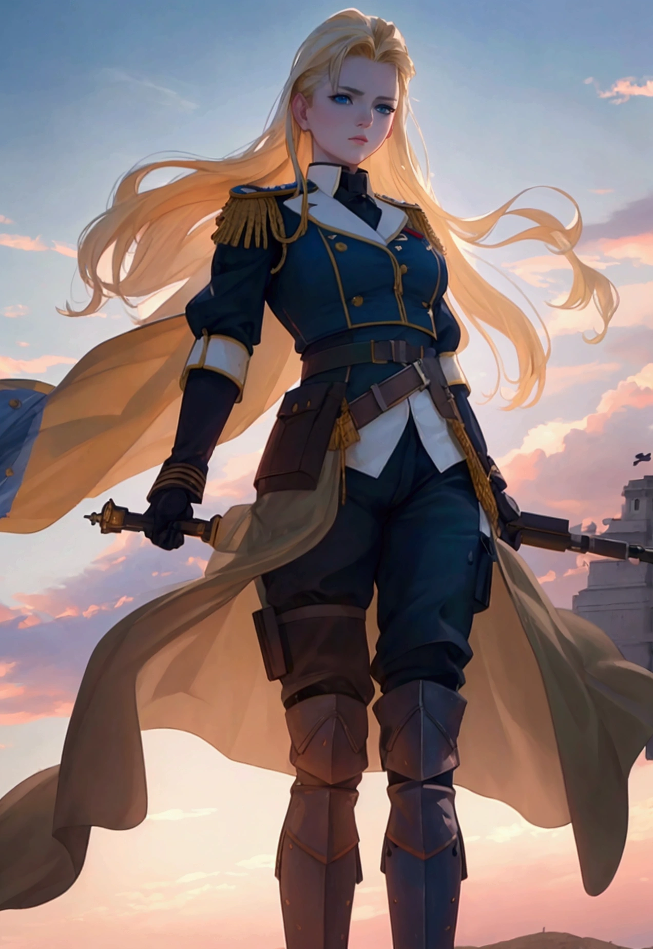 A beautiful 20-year-old female military leader, with blonde hair and blue eyes, proudly raising a magnificent French flag towards the sky, set on a battlefield, (best quality,4k,8k,highres,masterpiece:1.2),ultra-detailed,(realistic,photorealistic,photo-realistic:1.37),highly detailed military uniform, proud and determined expression, dynamic battle scene, dramatic lighting, dramatic sky, cinematic composition,epic,dramatic