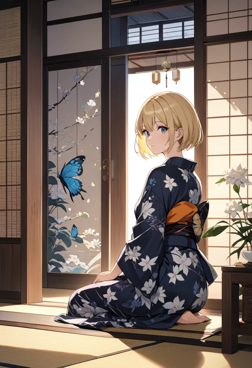 One girl, blonde short hair, wearing a Yukata with a butterfly pattern on a black base,She is relaxing in a Japanese-style room,There is one wind chime in the room,(((masterpiece))), (((best quality))), ((ultra-detailed)), (illustration), (detailed light),((an extremely delicate and beautiful)),(beautiful detailed eyes),wide shot