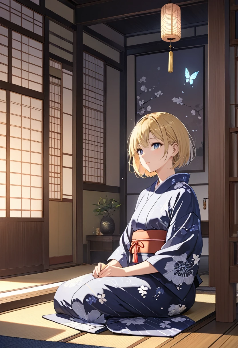 One girl, blonde short hair, wearing a Yukata with a butterfly pattern on a black base,She is relaxing in a Japanese-style room,There is one wind chime in the room,(((masterpiece))), (((best quality))), ((ultra-detailed)), (illustration), (detailed light),((an extremely delicate and beautiful)),(beautiful detailed eyes),wide shot