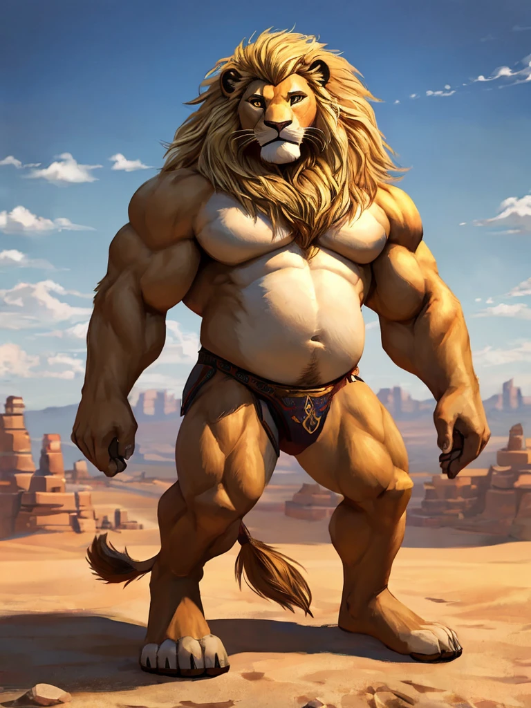 (Best Quality, ultra-independent) Male lion with a very thick blonde mane., gold eyes, and a slightly muscular body, adorned with a subtle round belly. Stands confidently with his feet in the desert., the warm sunlight casting a golden hue on his body. , creating an environment, his muscles shining in the sun. The scene is rendered in exquisite detail and has a realistic quality.., delivering a masterpiece that is sure to captivate the viewer. and the character can be seen in full body from head to toe.