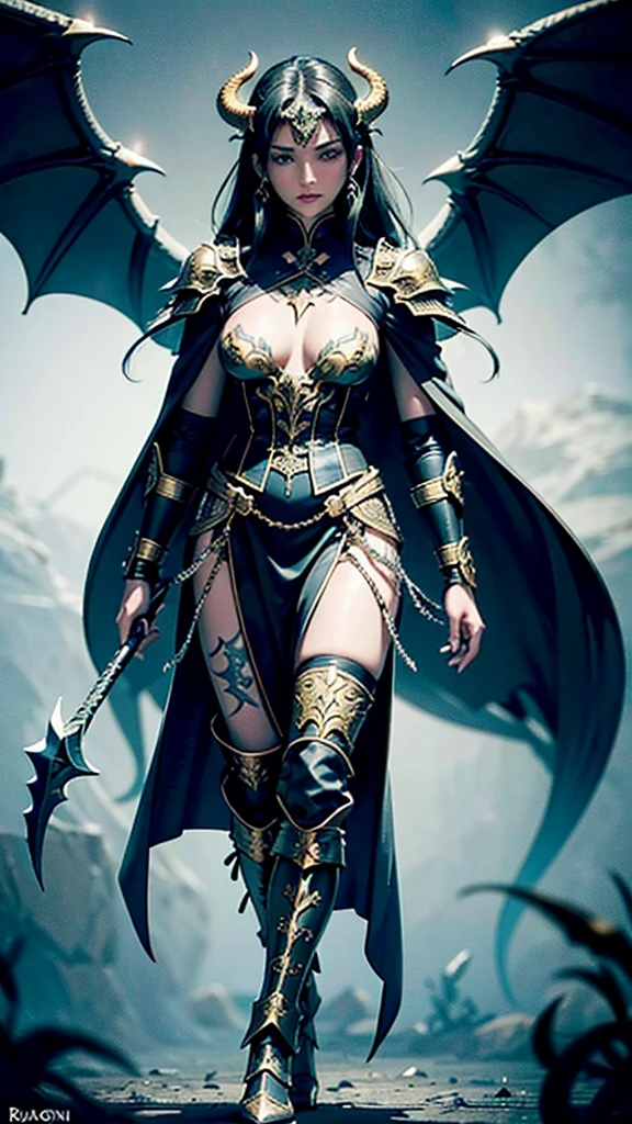 greeneyes, and black hair, the archer, wears black armor made of dragon scales, with gold and silver details. The breastplate has an emblem of a black flame intertwined with a ray of golden light.. The imposing shoulder pads resemble dragon wings, adorned with shining gems. Leather bracers reinforced with scales and glowing runes run down the arms. Black leather gloves with silver metal reinforced fingers and rune markings on the palms. The skirt is made of leather reinforced with scales, with greaves carved in silver and gold on his legs. Sturdy boots reinforced with dragon scale plates and small retractable heel blades. Helmet adorned with dragon horns and gold details, with display decorated with glowing runes. She wears a long black cloth cape lined with dragon scales.. His bow shines with a golden glow and has dragon horn ornaments on the ends., with a magic rope