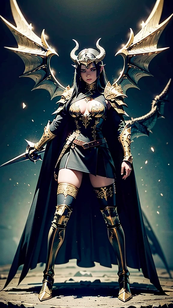 greeneyes, and black hair, the archer, wears black armor made of dragon scales, with gold and silver details. The breastplate has an emblem of a black flame intertwined with a ray of golden light.. The imposing shoulder pads resemble dragon wings, adorned with shining gems. Leather bracers reinforced with scales and glowing runes run down the arms. Black leather gloves with silver metal reinforced fingers and rune markings on the palms. The skirt is made of leather reinforced with scales, with greaves carved in silver and gold on his legs. Sturdy boots reinforced with dragon scale plates and small retractable heel blades. Helmet adorned with dragon horns and gold details, with display decorated with glowing runes. She wears a long black cloth cape lined with dragon scales.. His bow shines with a golden glow and has dragon horn ornaments on the ends., with a magic rope