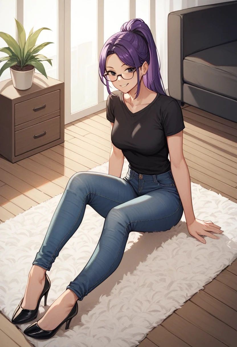 score_9, score_8_up, score_7_up, score_6_up, score_5_up, score_4_up, source_anime, 1girl, sit, smile, glasses, purple hair, ponytail, black eyes, clean hair, black shirt, jeans, black high heels, room, floor, carpet, best quality, best res, 4K UHD,