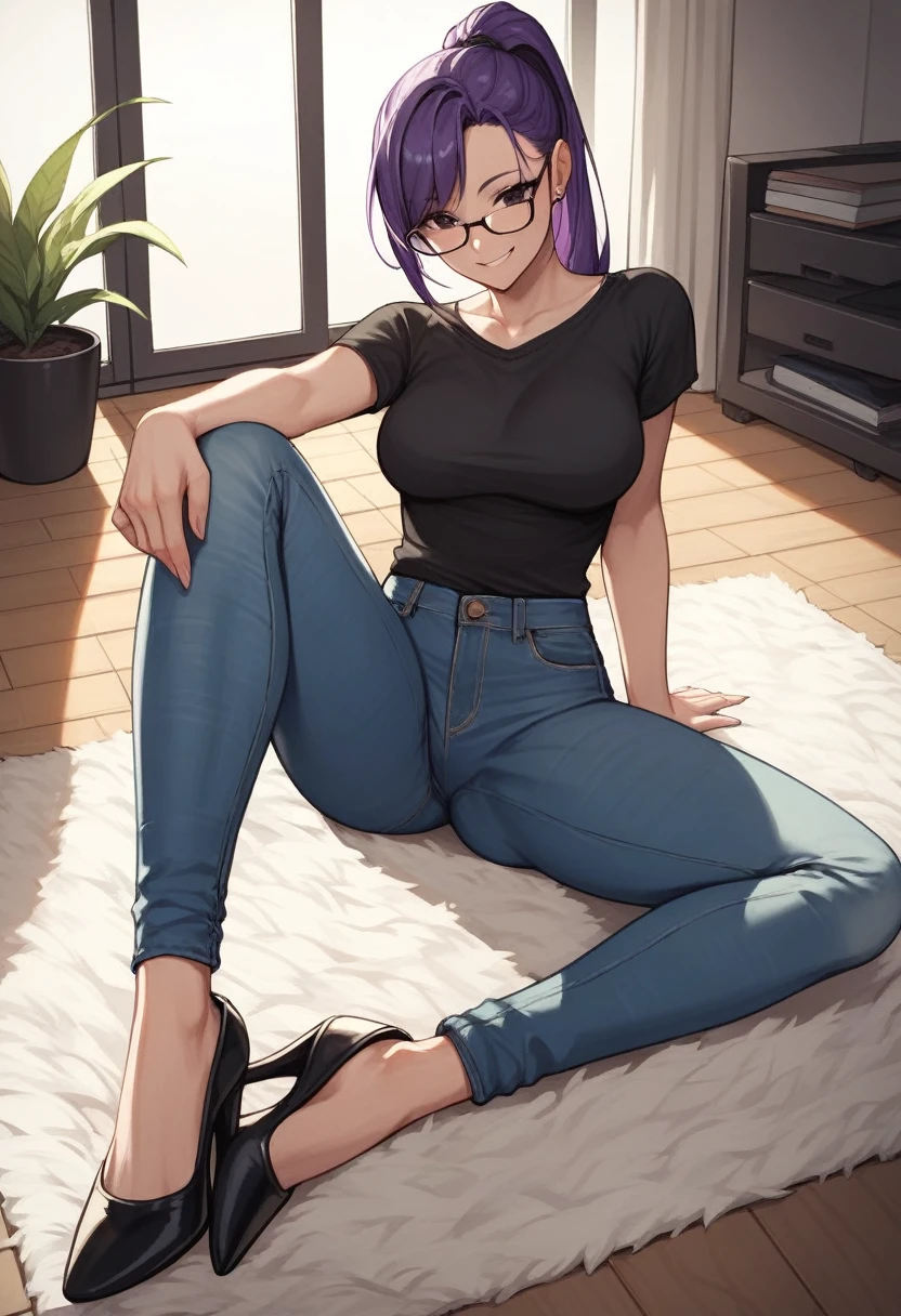 score_9, score_8_up, score_7_up, score_6_up, score_5_up, score_4_up, source_anime, 1girl, sit, smile, glasses, purple hair, ponytail, black eyes, clean hair, black shirt, jeans, black high heels, room, floor, carpet, best quality, best res, 4K UHD,
 