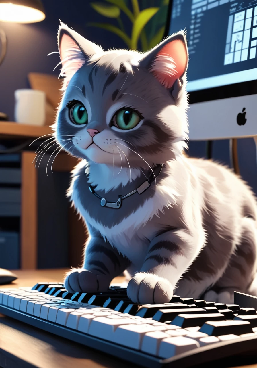 a cute cat pressing types in a keyboard pc, and error on the screen, dinamic angle, atmospheric, movie, pro