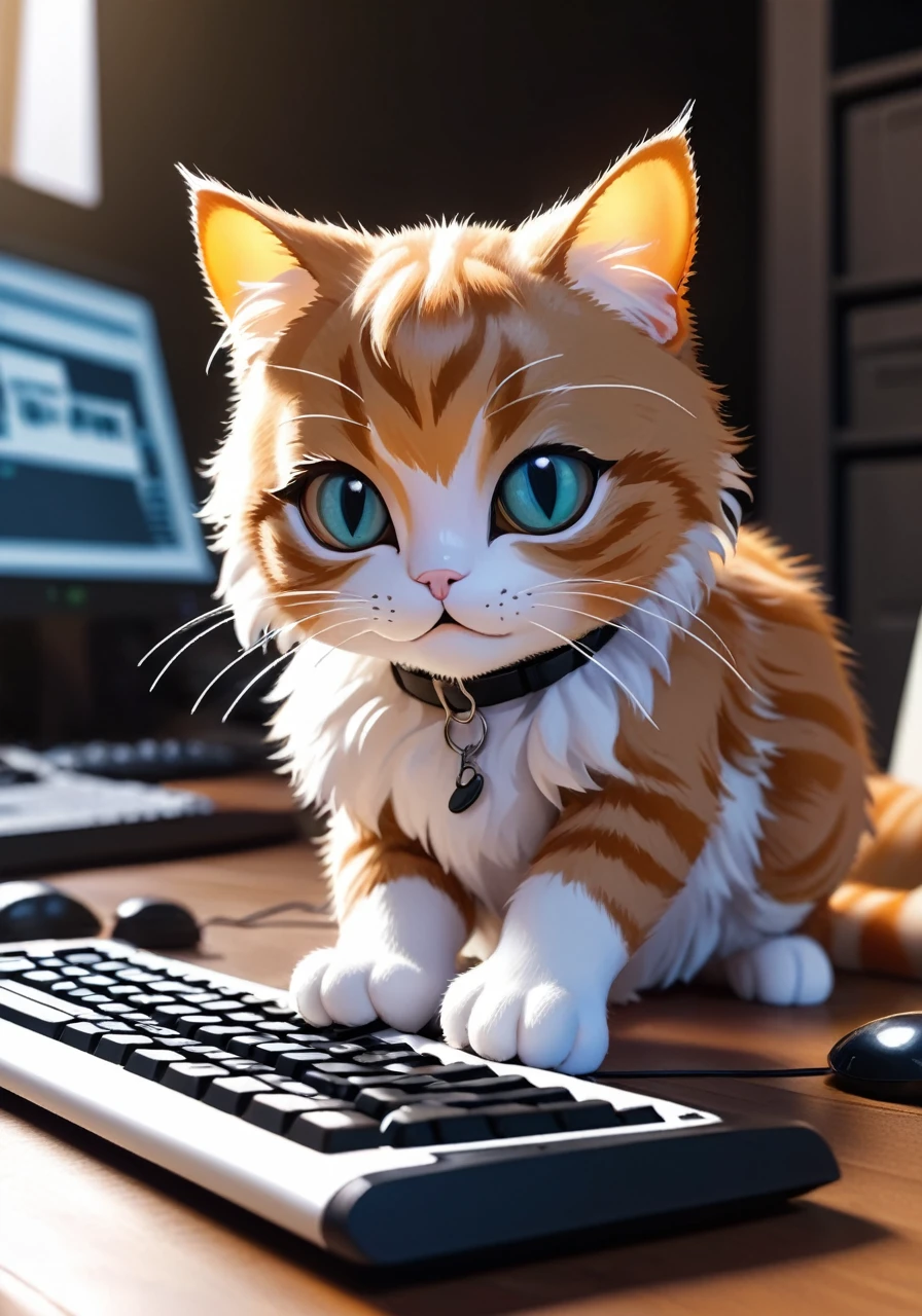 a cute cat pressing types in a keyboard pc, and error on the screen, dinamic angle, atmospheric, movie, pro