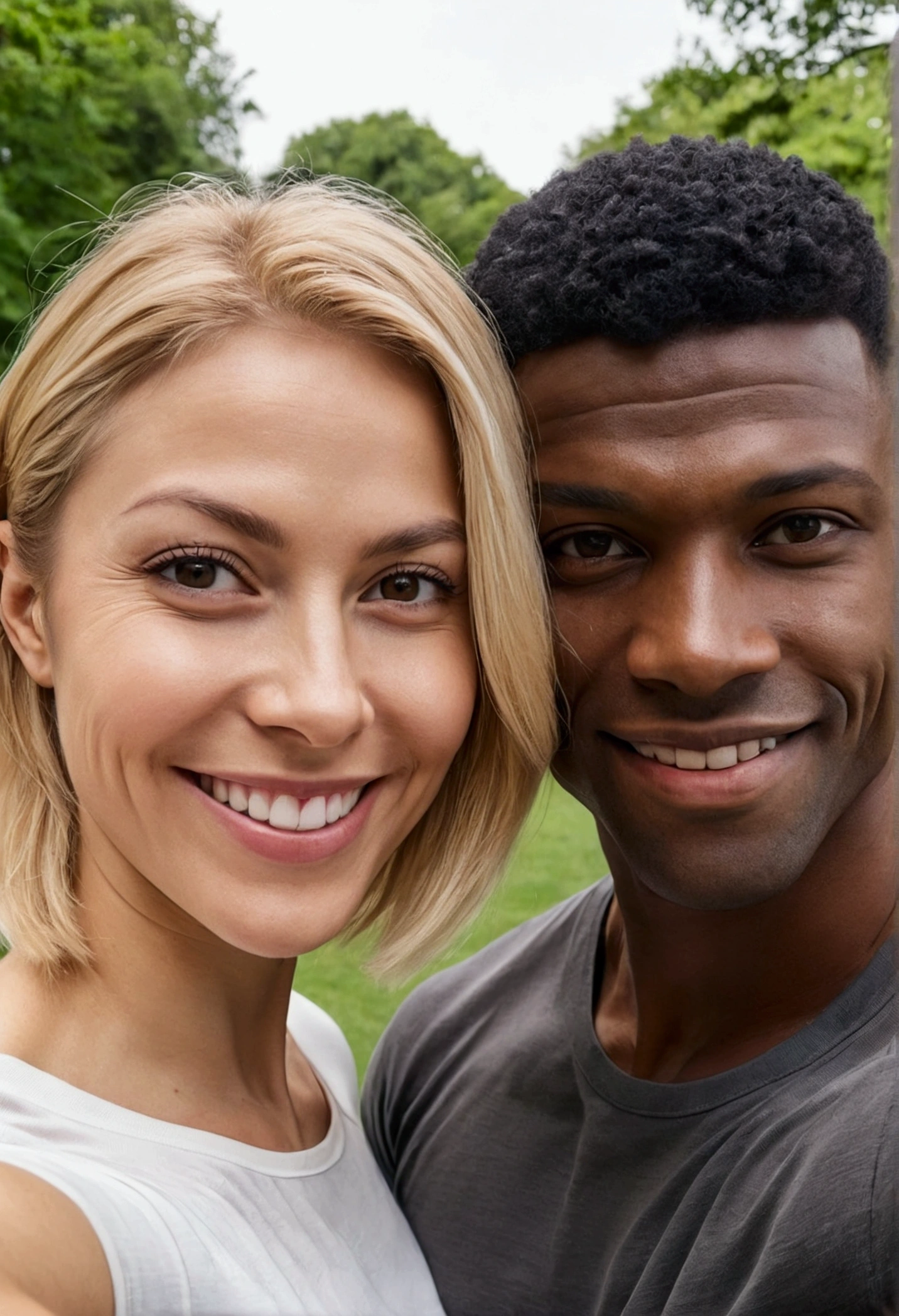 38-year-old beautiful brown-haired woman with blonde dyed hair takes a selfie with a young muscular black-haired man, looks at the camera and smiles in the park