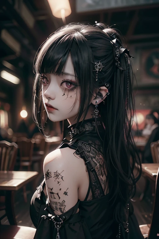 (Photorealistic:1.4, Tabletop:1..3, 8k), (masterpiece, Ultra-high resolution, Highest quality、8k、masterpiece:1.3)、Gothic Punk、Full Body Shot、(Red Eyes)、The inside color is red、Black-haired、hair ornaments、Beautiful girl、creative、Dark Fantasy Style、Neogoth、Goth Fashion:1.2、(Look straight into the camera:1,5)、The background is the library、((Highly detailed skin and facial textures:1.3, Ultra detailed face, Detailed arms, Beautiful attention to detail)),Mr.々poses shooting photos