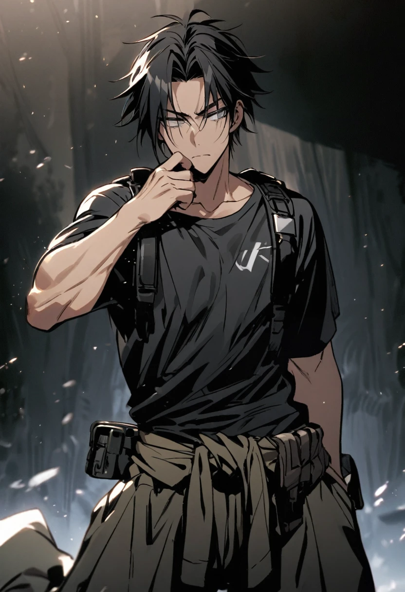 Sasae Hatsushimi. is a young man with messy, shoulder-length black hair that partially hangs in front of his face and half-opened grey eyes. With a cool and cold face with a strong gaze. he has a moderate athletic build, and His attire consists of a tight-fitting black shirt, sports tan baggy pants with a tool belt casually around his waist, and black boots