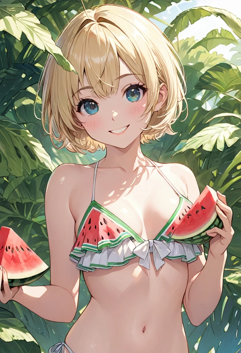 One girl, blonde short hair, wearing a swimsuit and taking Watermelon,smile,(((masterpiece))), (((best quality))), ((ultra-detailed)), (illustration), (detailed light),((an extremely delicate and beautiful)),(beautiful detailed eyes),