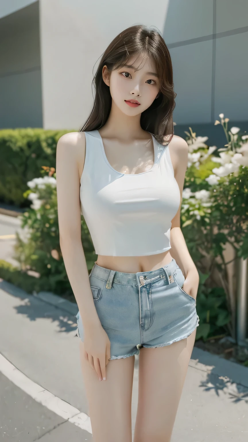 a close up of a woman in shorts and a tank top, korean girl, gorgeous young korean woman, beautiful asian girl, wearing tight simple clothes, skinny waist and thick hips, beautiful south korean woman, young and cute girl, wearing a low cut tanktop, beautiful young korean woman, good young girl, asian girl, wearing a tank top and shorts