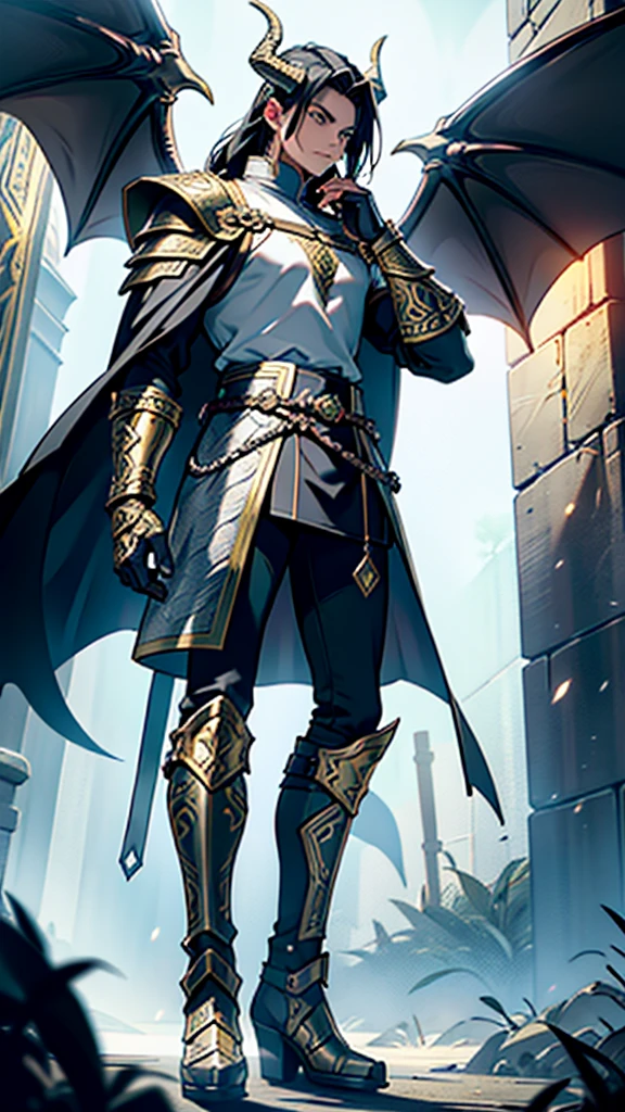 greeneyes, and black hair, the archer, wears black armor made of dragon scales, with gold and silver details. The breastplate has an emblem of a black flame intertwined with a ray of golden light.. The imposing shoulder pads resemble dragon wings, adorned with shining gems. Leather bracers reinforced with scales and glowing runes run down the arms. Black leather gloves with silver metal reinforced fingers and rune markings on the palms. The skirt is made of leather reinforced with scales, with greaves carved in silver and gold on his legs. Sturdy boots reinforced with dragon scale plates and small retractable heel blades. Helmet adorned with dragon horns and gold details, with display decorated with glowing runes. She wears a long black cloth cape lined with dragon scales.. His bow shines with a golden glow and has dragon horn ornaments on the ends., with a magic rope