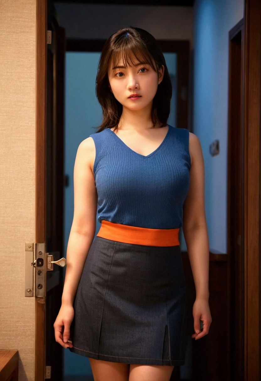 (Get used to it, masterpiece, Highest quality, Complex), Cinema Lighting、(Key Light:Front 45 degree angle, Subsidy Light、Backlight、Shadow、Blue and orange color palette), Accurate human body、Knowledgeable person、Correct five-finger、Cowboy Shot, Kyoka Tachibana, 1 female、Compensate、Perfect fit for your skin, Seductive eyes, Mysterious look, Mature Appearance, Attractive woman、Mature Woman,wife,Huge 、Big cleavage、mini skirt、Detailed Background、Knowledgeable person、Women in estrus、Invite men、Dark cold lighting、Entrance to the apartment、stop temporarily,Sweat,vapor,Lower school year、doorway,