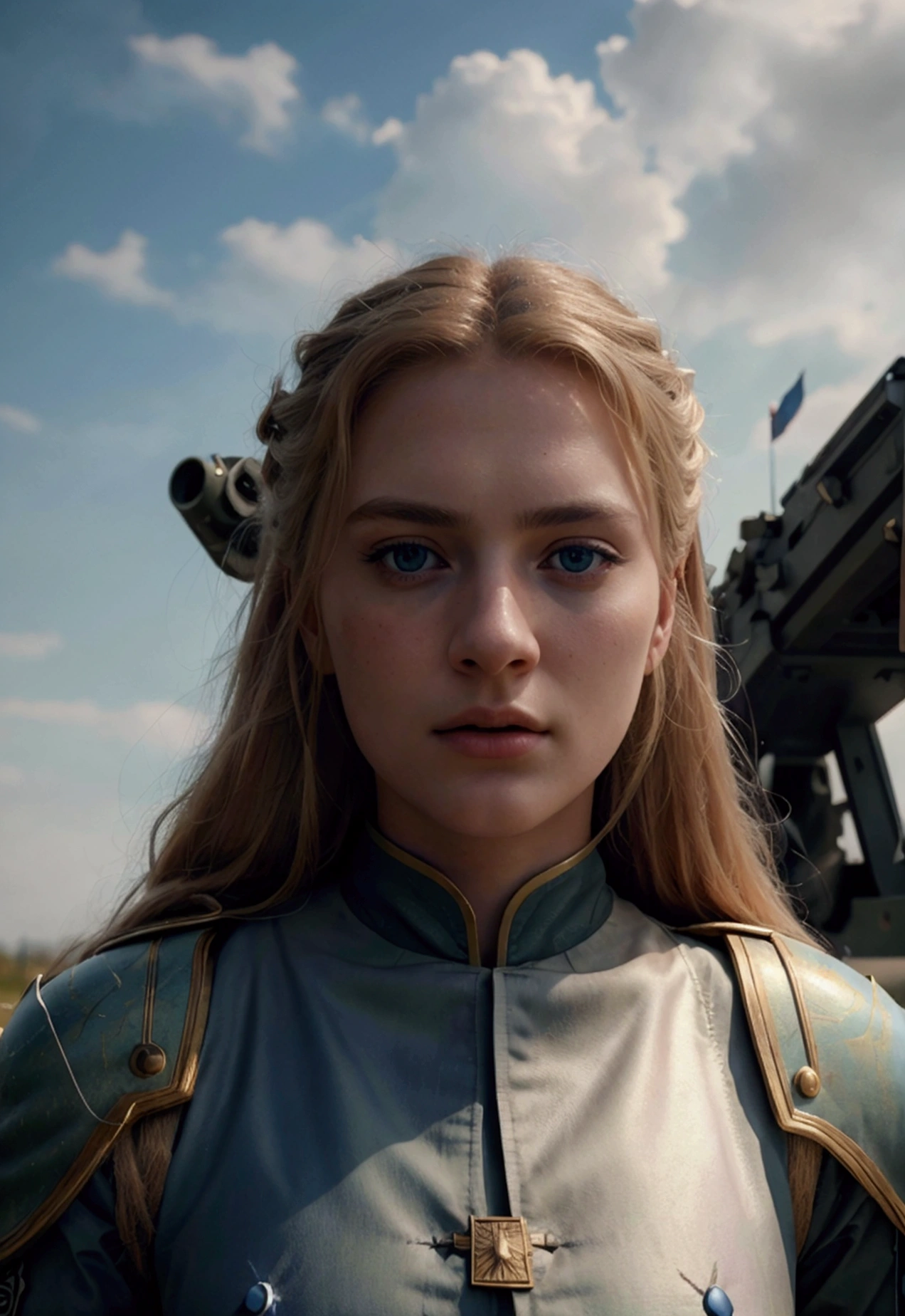 A beautiful 20-year-old female military leader, with blonde hair and blue eyes, proudly raising a magnificent French flag towards the sky, set on a battlefield, (best quality,4k,8k,highres,masterpiece:1.2),ultra-detailed,(realistic,photorealistic,photo-realistic:1.37),highly detailed military uniform, proud and determined expression, dynamic battle scene, dramatic lighting, dramatic sky, cinematic composition,epic,dramatic