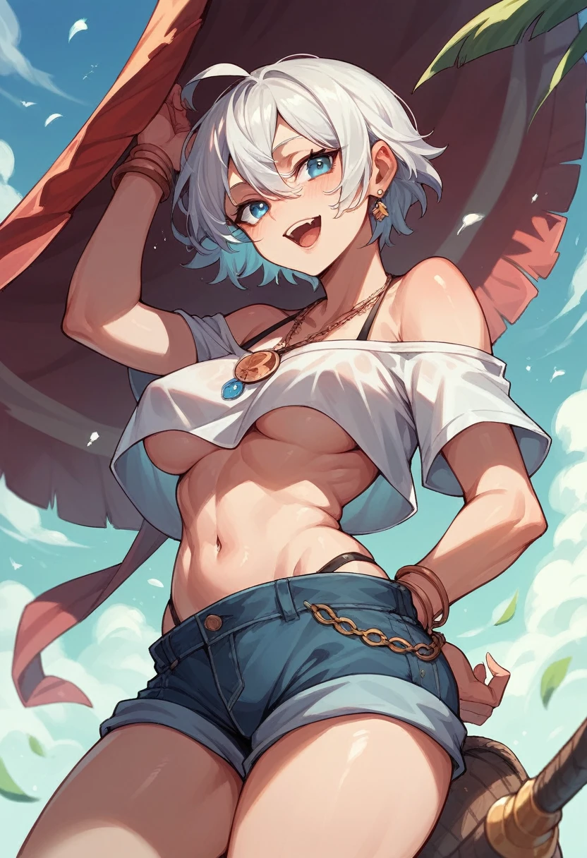 A girl with short white hair, hot girl with blue eyes in a adventure party 