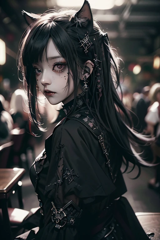 (Photorealistic:1.4, Tabletop:1..3, 8k), （masterpiece, Ultra-high resolution, Highest quality、8k、masterpiece：1.3）、Gothic Punk、Full Body Shot、（Red Eyes）、The inside color is red、Black-haired、hair ornaments、Beautiful girl、creative、Dark Fantasy Style、Neogoth、Goth Fashion：1.2、（Look straight into the camera：1,5）、The background is the library、((Highly detailed skin and facial textures:1.3, Ultra detailed face, Detailed arms, Beautiful attention to detail)),Mr.々poses shooting photos