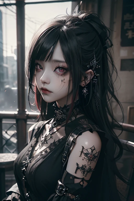 (Photorealistic:1.4, Tabletop:1..3, 8k), (masterpiece, Ultra-high resolution, Highest quality、8k、masterpiece:1.3)、Gothic Punk、Full Body Shot、(Red Eyes)、The inside color is red、Black-haired、hair ornaments、Beautiful girl、creative、Dark Fantasy Style、Neogoth、Goth Fashion:1.2、(Look straight into the camera:1,5)、The background is the library、((Highly detailed skin and facial textures:1.3, Ultra detailed face, Detailed arms, Beautiful attention to detail)),Mr.々poses shooting photos