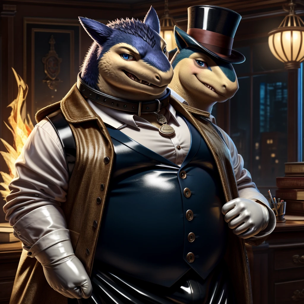 Solo, Male, fat, extremely obese, gentleman, dapper Professor Typhlosion, mob boss, blue eyes, (posing:1.3), (soft shading), 4k, hi res, ((detailed face, detailed)), steampunk, looking at viewer, mouth wide open, dapper clothing, collared shirt with buttons, top hat, male focus, Explorer Outfit, glasses, monocle, vest with buttons, sleeves rolled up, round eyewear, brown headwear, brown vest, office, Typhlosion is wearing a glossy leather dog collar around the neck, Typhlosion is wearing the leather collar and shirt and vest at the same time, Typhlosion is wearing glossy white rubber gloves on the hands, wearing white rubber gloves on the feet, gloves are rubber in texture, clenching teeth, clenching fists, leather collar is glossy and shiny with a lot of detail, Typhlosion is wearing gloves and leather collar at the same time, leather collar has a round dog-tag, leather collar is thick and detailed, leather collar is glossy and shiny, fancy clothing, dapper vest, dapper shirt, leather collar is thick, glossy leather collar, dapper leather collar.