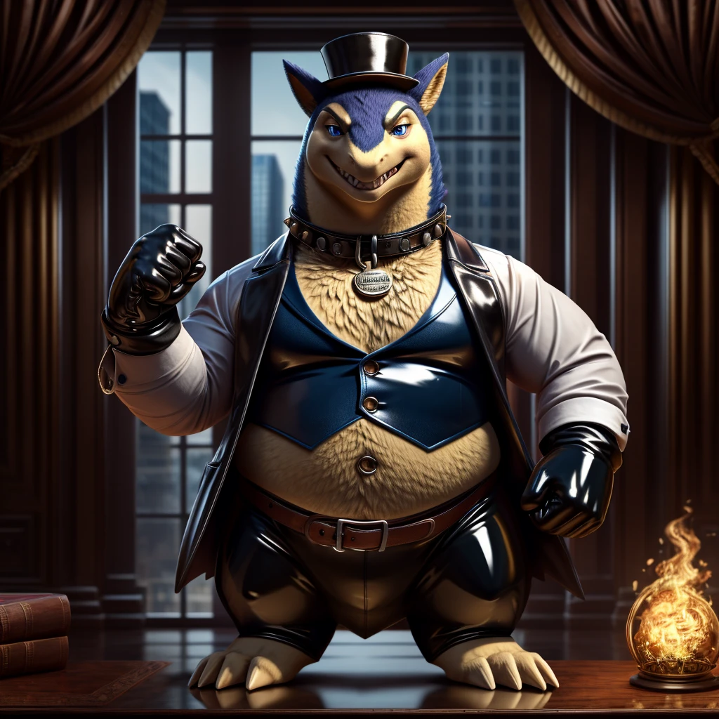 Solo, Male, fat, extremely obese, gentleman, dapper Professor Typhlosion, mob boss, blue eyes, (posing:1.3), (soft shading), 4k, hi res, ((detailed face, detailed)), steampunk, looking at viewer, mouth wide open, dapper clothing, collared shirt with buttons, top hat, male focus, Explorer Outfit, glasses, monocle, vest with buttons, sleeves rolled up, round eyewear, brown headwear, brown vest, office, Typhlosion is wearing a glossy leather dog collar around the neck, Typhlosion is wearing the leather collar and shirt and vest at the same time, Typhlosion is wearing glossy white rubber gloves on the hands, wearing white rubber gloves on the feet, gloves are rubber in texture, clenching teeth, clenching fists, leather collar is glossy and shiny with a lot of detail, Typhlosion is wearing gloves and leather collar at the same time, leather collar has a round dog-tag, leather collar is thick and detailed, leather collar is glossy and shiny, fancy clothing, dapper vest, dapper shirt, leather collar is thick, glossy leather collar, dapper leather collar.