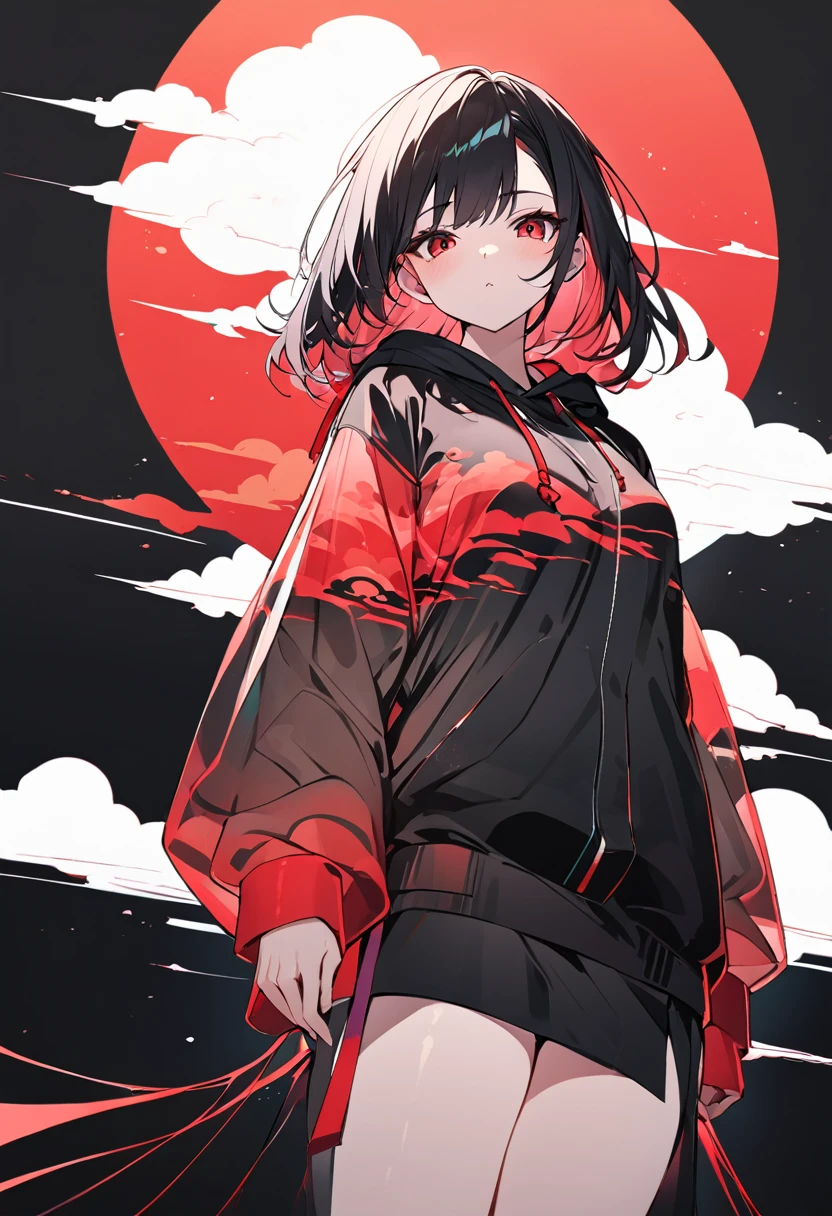 Red Cloud,Girl with red cloud motif,sexy,Accentuated body lines,Pitch black background,Ultra see-through Japanese style hoodie,（A body line where clothes are visible）,See-through inner,Angle from below,