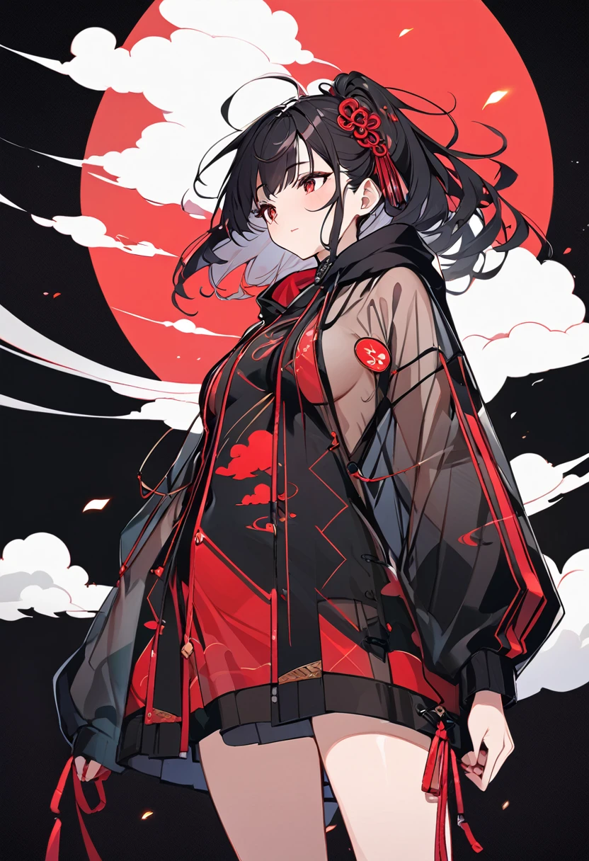 Red Cloud,Girl with red cloud motif,sexy,Accentuated body lines,Pitch black background,Ultra see-through Japanese style hoodie,(A body line where clothes are visible),See-through inner,Angle from below,See-through waist,See-through breasts,A see-through belly