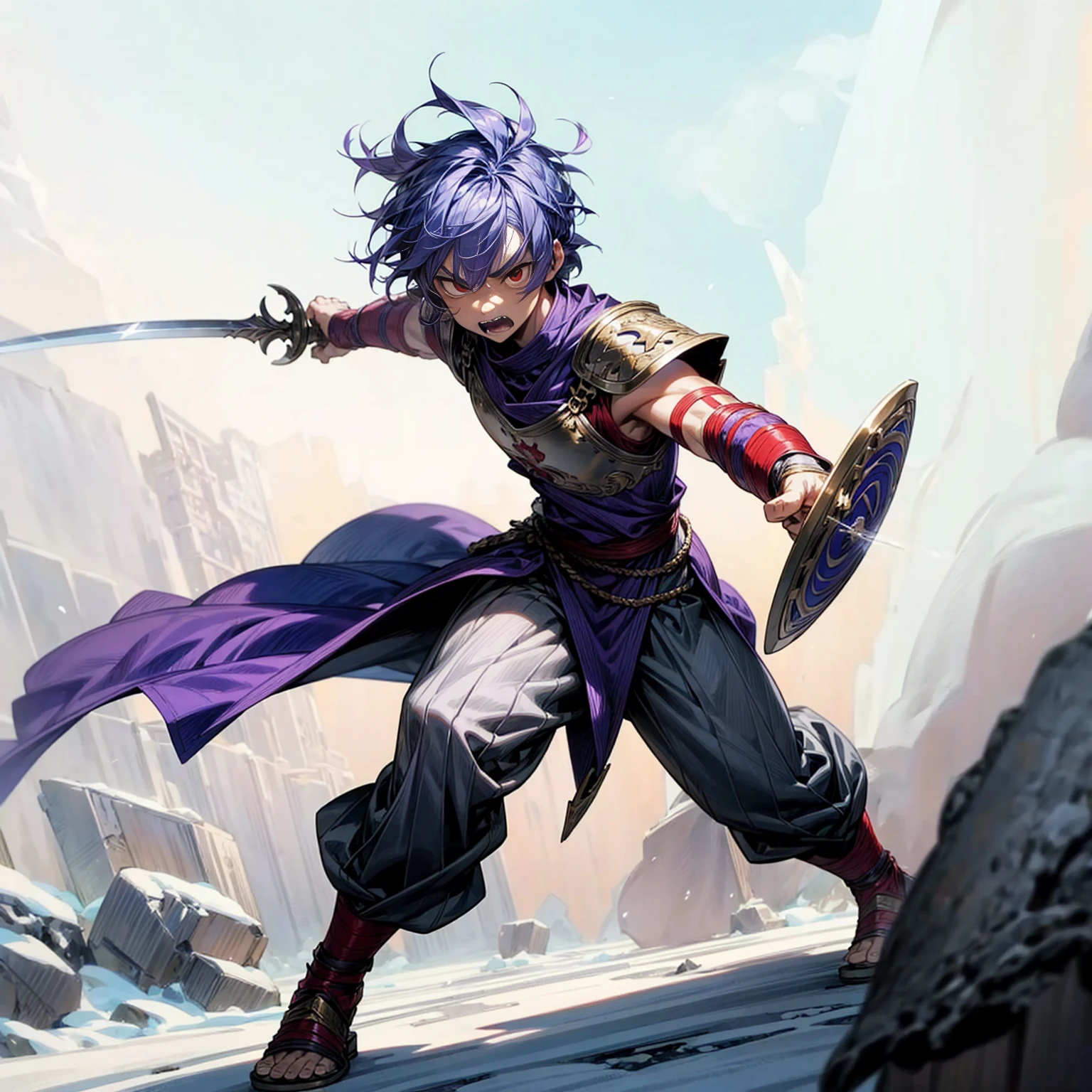 Kid boy, muscle, Full background in snow Castle, red eyes, angry, angry eyes, short Curly hairstyle, purple colour hair, motion blur, lighting, gold armor, sword in hand, Shield in hand,sandals, ancient Greek clothing, smoke effect,