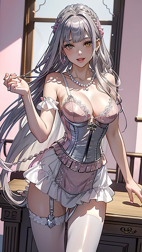 (((masterpiece, super high resolution, ultra HD, 8K quality))), (((((woman in shining pink colored corset dress))))), (((See-through revealing dress, Garter belt))), (((((shining Silver Hair, Braid))))) , (((beautiful sparkling yellow eyes, pupils with highlights))), ((bangs bangs)), pink lips, sexy expression, ((highly detailed)), (perfectly detailed face), (detailed and carefully drawn hands), (((very Big Tits))), (((charming smile))), photorealistic image, silver tiara and earrings, pearl necklace, jade bangle, diamond ring, Beautiful figure from the knees up, standing, beautiful pose
