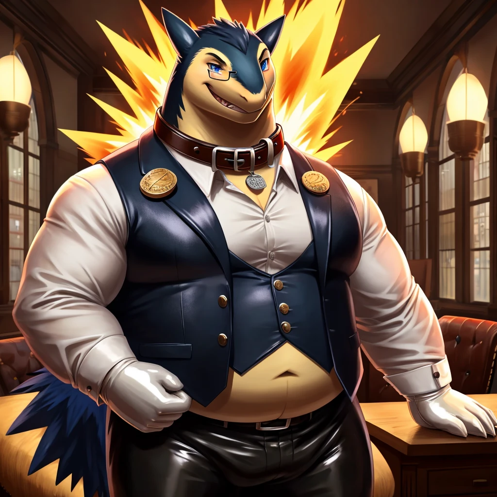 Solo, Male, fat, extremely obese, gentleman, dapper Professor Typhlosion, mob boss, blue eyes, (posing:1.3), (soft shading), 4k, hi res, ((detailed face, detailed)), steampunk, looking at viewer, mouth wide open, dapper clothing, collared shirt with buttons, top hat, male focus, Explorer Outfit, glasses, monocle, vest with buttons, sleeves rolled up, round eyewear, brown headwear, brown vest, office, Typhlosion is wearing a glossy leather dog collar around the neck, Typhlosion is wearing the leather collar and shirt and vest at the same time, Typhlosion is wearing glossy white rubber gloves on the hands, wearing white rubber gloves on the feet, gloves are rubber in texture, clenching teeth, clenching fists, leather collar is glossy and shiny with a lot of detail, Typhlosion is wearing gloves and leather collar at the same time, leather collar has a round dog-tag, leather collar is thick and detailed, leather collar is glossy and shiny, fancy clothing, dapper vest, dapper shirt, leather collar is thick, glossy leather collar, dapper leather collar.