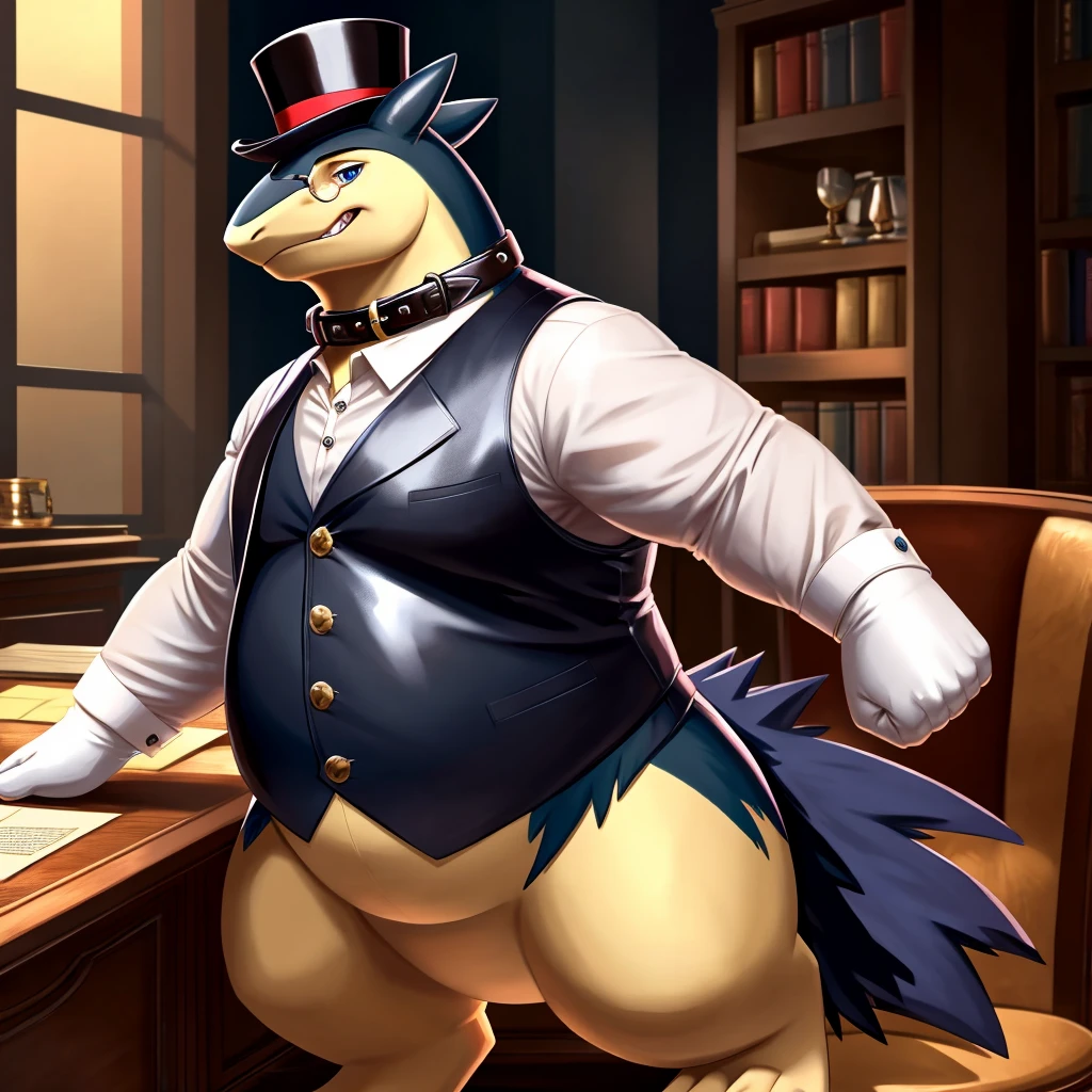Solo, Male, fat, extremely obese, gentleman, dapper Professor Typhlosion, mob boss, blue eyes, (posing:1.3), (soft shading), 4k, hi res, ((detailed face, detailed)), steampunk, looking at viewer, mouth wide open, dapper clothing, collared shirt with buttons, top hat, male focus, Explorer Outfit, glasses, monocle, vest with buttons, sleeves rolled up, round eyewear, brown headwear, brown vest, office, Typhlosion is wearing a glossy leather dog collar around the neck, Typhlosion is wearing the leather collar and shirt and vest at the same time, Typhlosion is wearing glossy white rubber gloves on the hands, wearing white rubber gloves on the feet, gloves are rubber in texture, clenching teeth, clenching fists, leather collar is glossy and shiny with a lot of detail, Typhlosion is wearing gloves and leather collar at the same time, leather collar has a round dog-tag, leather collar is thick and detailed, leather collar is glossy and shiny, fancy clothing, dapper vest, dapper shirt, leather collar is thick, glossy leather collar, dapper leather collar.