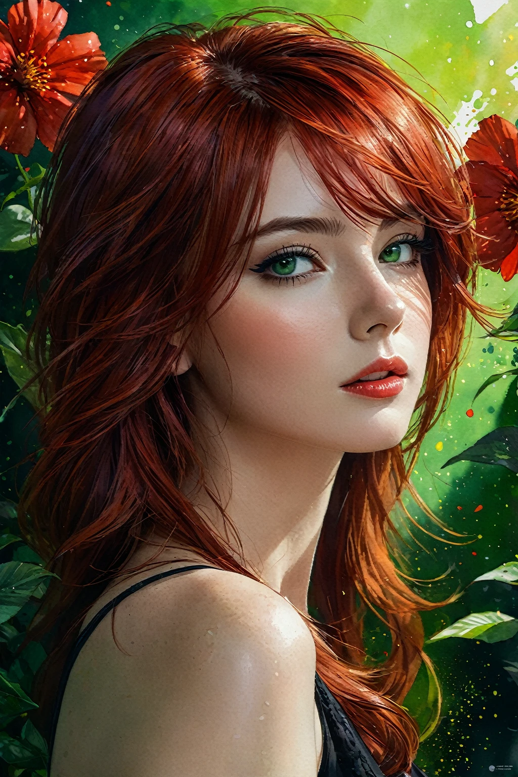 (((full medium shot))), (Masterpiece, photorealistic, photorealism, best quality, ultra-detailed: 1.3), (beautiful hands, perfect hands), beautiful thighs, official art, cinematic light, (1 girl: 1,3), adult, young lady, long curved red hair, oil and watercolor painting, (sketch: 1,1), limited palette, bright green eyes, fleshy red mouth, red hair with light highlights, skin bright, empty eyes, (lips: 0.4), (watercolor: 0.8), (ink splatters: 1.2), (flesh griffiths: 1.2), red flower background, masterpiece, cinematic shadows, deep shadows, details intricate, award-winning, beautifully lit, cinematic lighting, ray tracing, dynamic angle, dynamic pose, full body shot, vibrant, beautiful, painterly, detailed, textural, artistic, sharp focus, very inspiring, innocent, elegant, impressive, rich , elite, epic, professional, surreal, extremely complex, highly colorful, color balanced background
